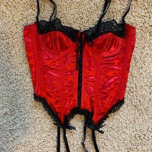 Frederick's of Hollywood Corset Bustier Red Satin 36 Garters